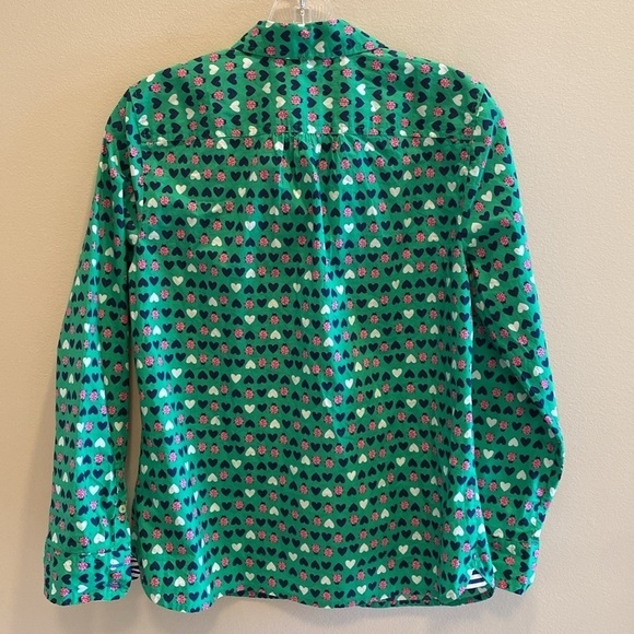 Talbots Hearts & Ladybug Button Down Cotton Shirt Green Pink Navy White Sz SP - Picture 5 of 10